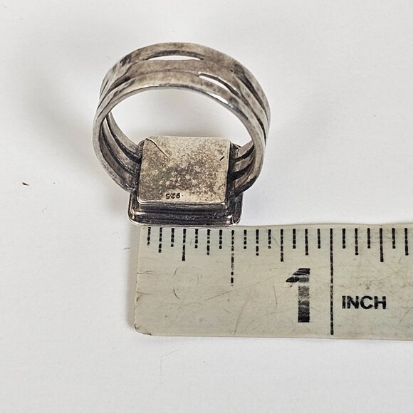 Vintage Sterling Silver Garnet Ring Sz 8.25 Square Wide Cut Out Wavy Band Chunky - Picture 8 of 16